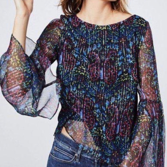 Nicole Miller NY Long Bell Sleeve Floral Sequin Print Blouse - Picture 1 of 6